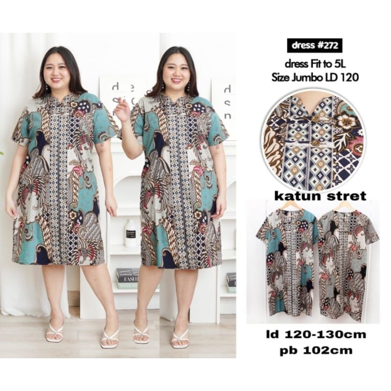 272 DRESS WANITA JUMBO  / MIDI DRESS BATIK LENGAN PENDEK / DRESS KATUN XXXXXL