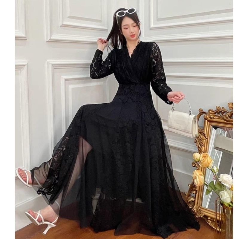 51901 Baju maxidress long dress AZIRA LACE PATCHWORK BROKAT VNECK lengan panjang dres Korea Korean