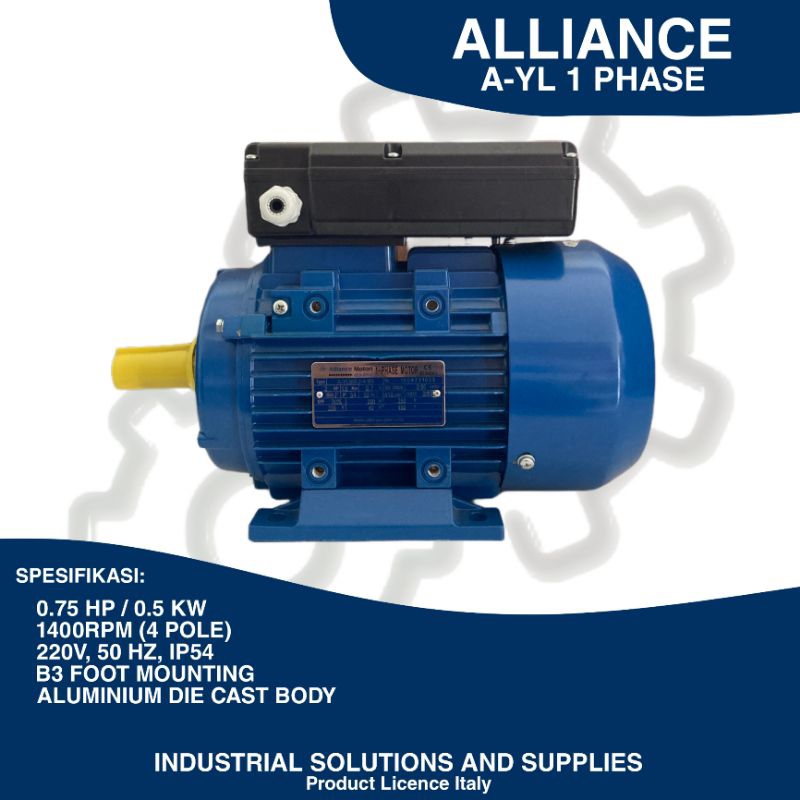 Dinamo Motor Alliance A-YL 1 Phase 0.75 HP 1400RPM - Elektro Motor 0.55 KW Dual Capasitor B3 Foot Mo