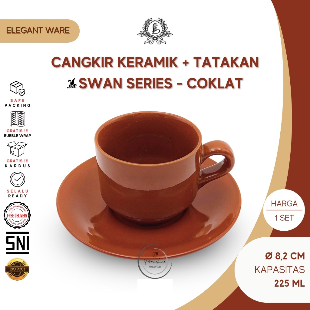 Lucky Swan Series Cangkir Keramik Set Tatakan Polos Coklat 225 ml Gelas Mug Teh Tea Kopi Aesthetic