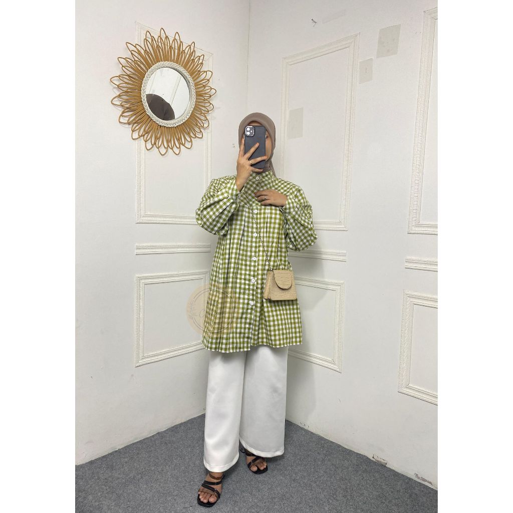 REVA TUNIK - REALPICT ATASAN WANITA MODEL TERBARU MOTIF KOTAK BESAR COTTON YANDED - TUNIK FULL KANCI