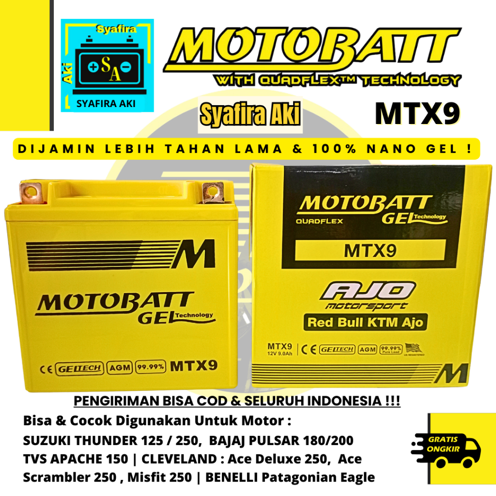 Aki Motor Bajaj Pulsar 180 Motobatt MTX9 Aki kering/Aki Gel