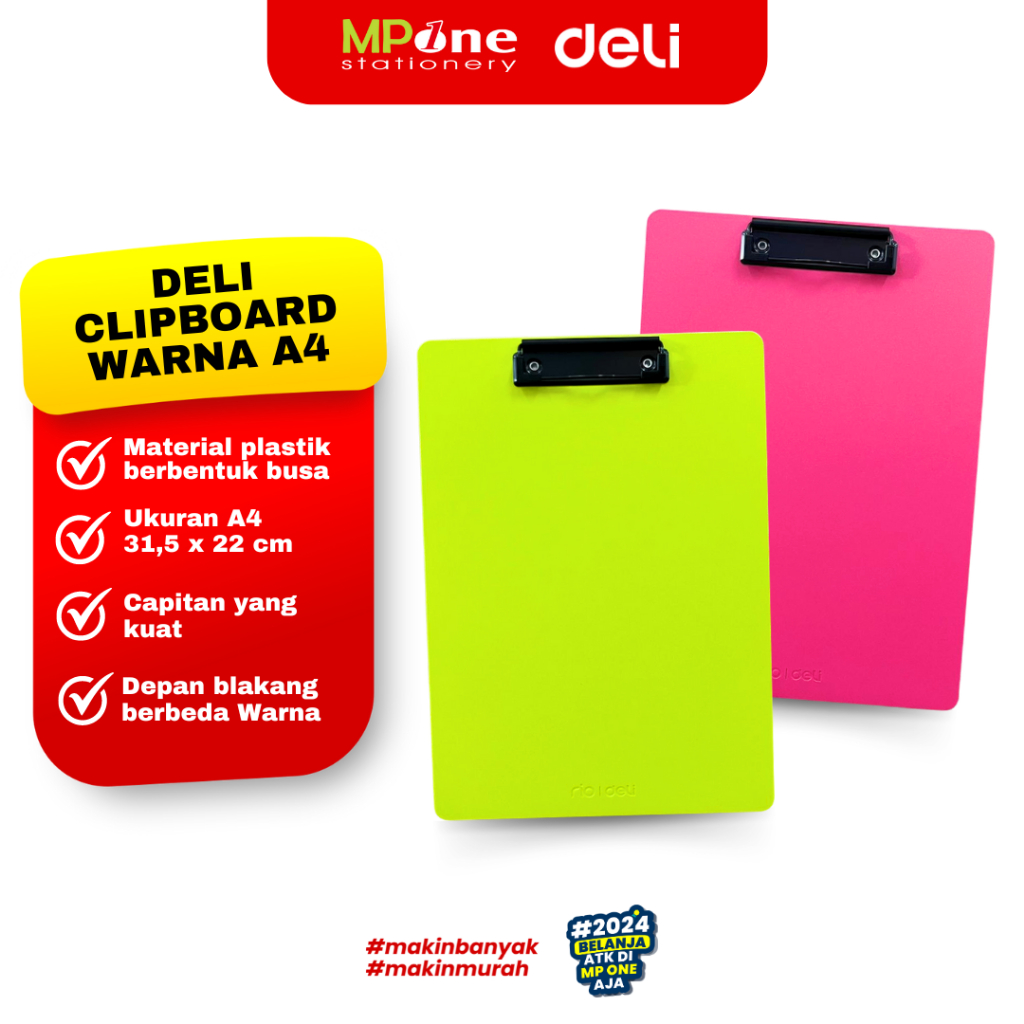 

Deli Clipboar Warna Ukuran A4 / Papan Ujian Sekolah A4 bahan PP Foam Deli 75202