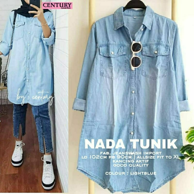 Nada Tunik, tunik bahan jeans wash import fit XL ld 102 kancing hidup termurah terlaris kekinian oot