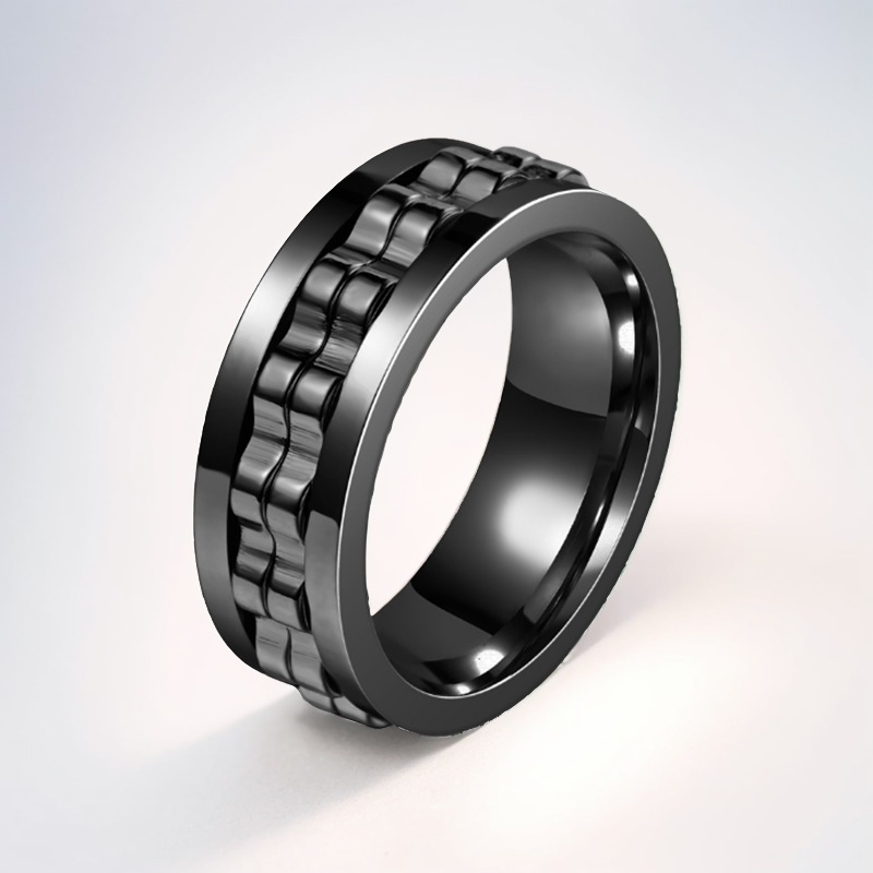 Cincin Variasi Gear Rantai Putar Full Black / Cincin Fidget Gaya Punk Tahan Karat / Gear Spinner Rin