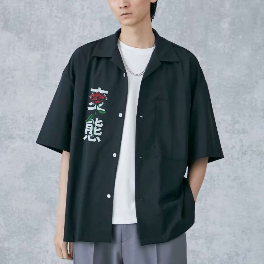 Kemeja Vintage Pria Lengan Pendek Japan Roses, Kemeja Casual Kemeja Pantai Polos terbaru