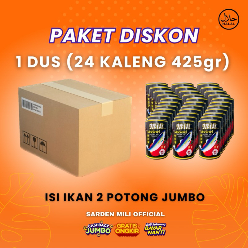 

Sarden Mili 1 Dus (isi 24 kaleng) Isi Ikan 2 Potong Jumbo, Exp 2027