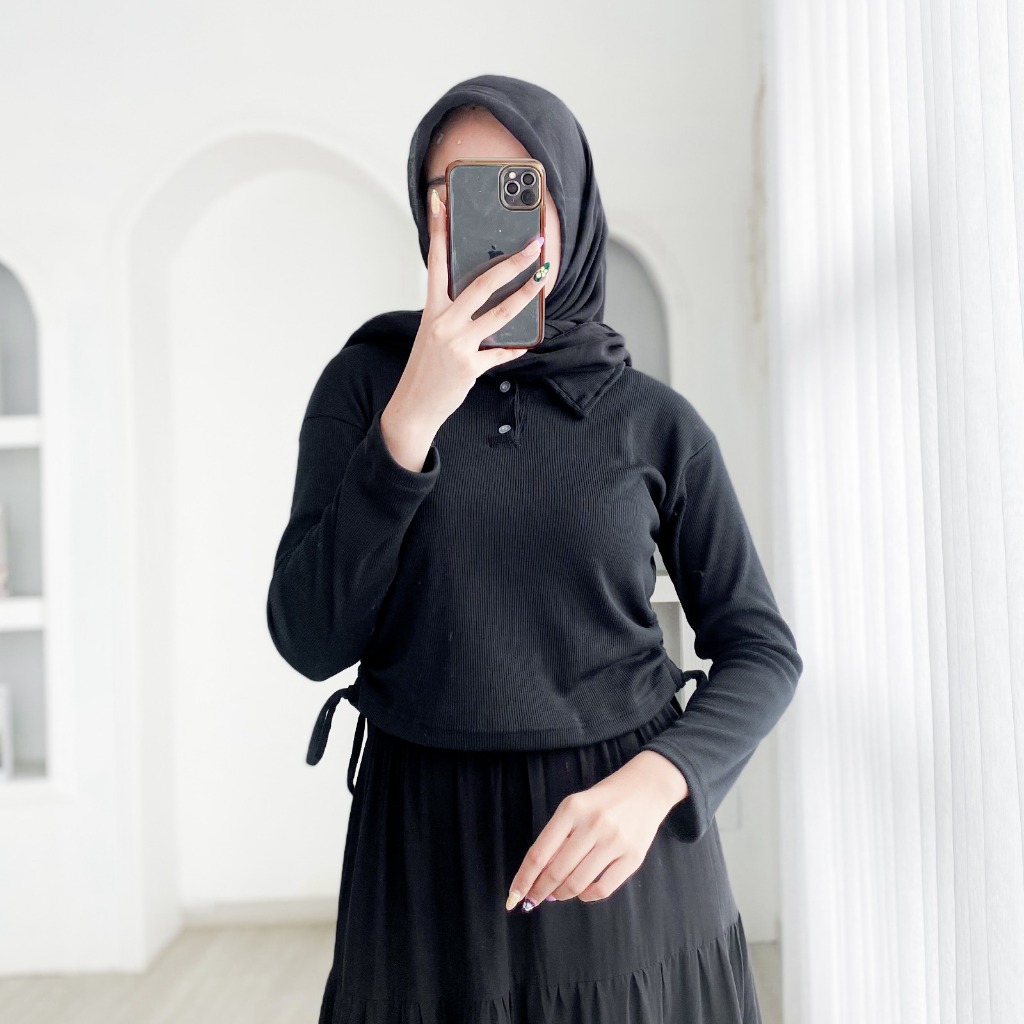 TOP RIB POLO SERUT / Atasan Tali Serut Wanita Bahan Rib Knit Premium