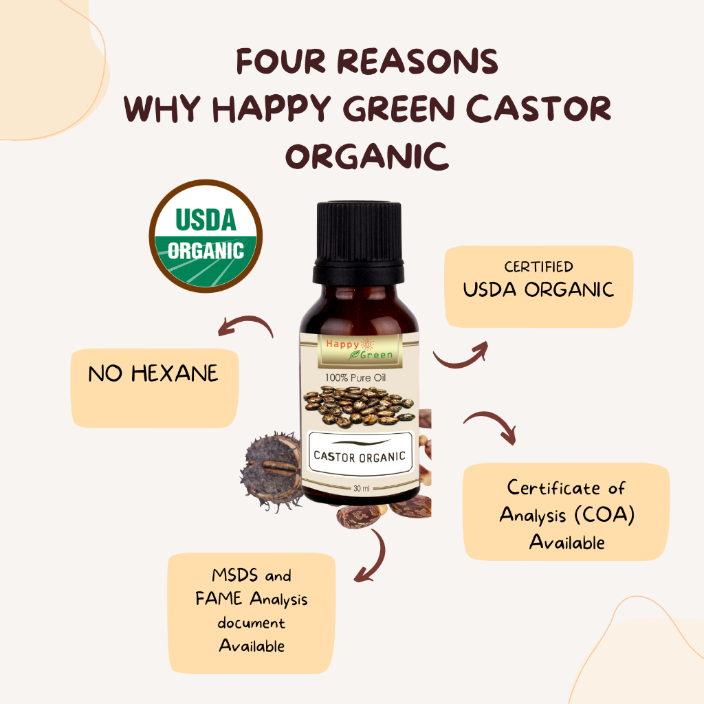 Happy Green ORGANIC Castor Oil USP Grade Hexane Free Packing Botol Kaca - Minyak Jarak ORGANIK Murni