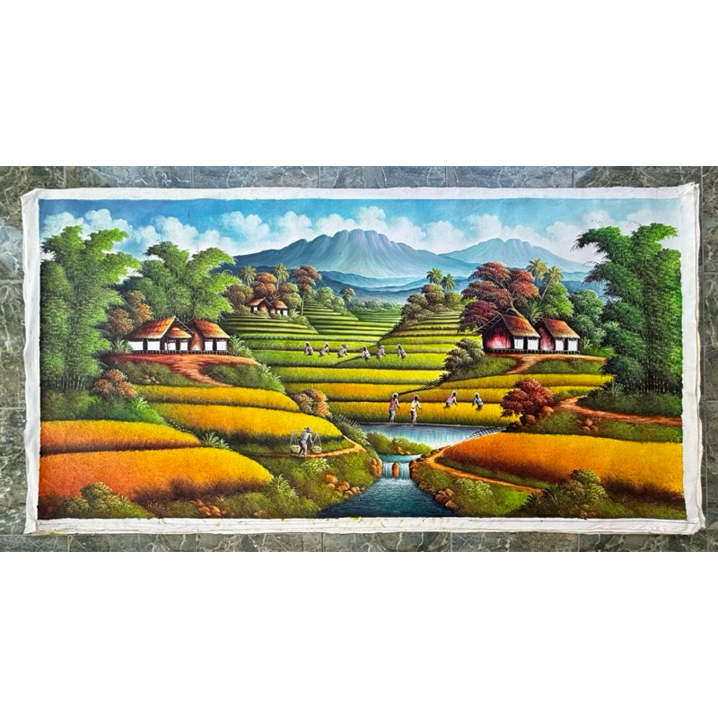 Lukisan Pemandangan Panen Sawah Besar 2 x 1 Meter, 200 x 100 cm, Lukisan Kanvas,
