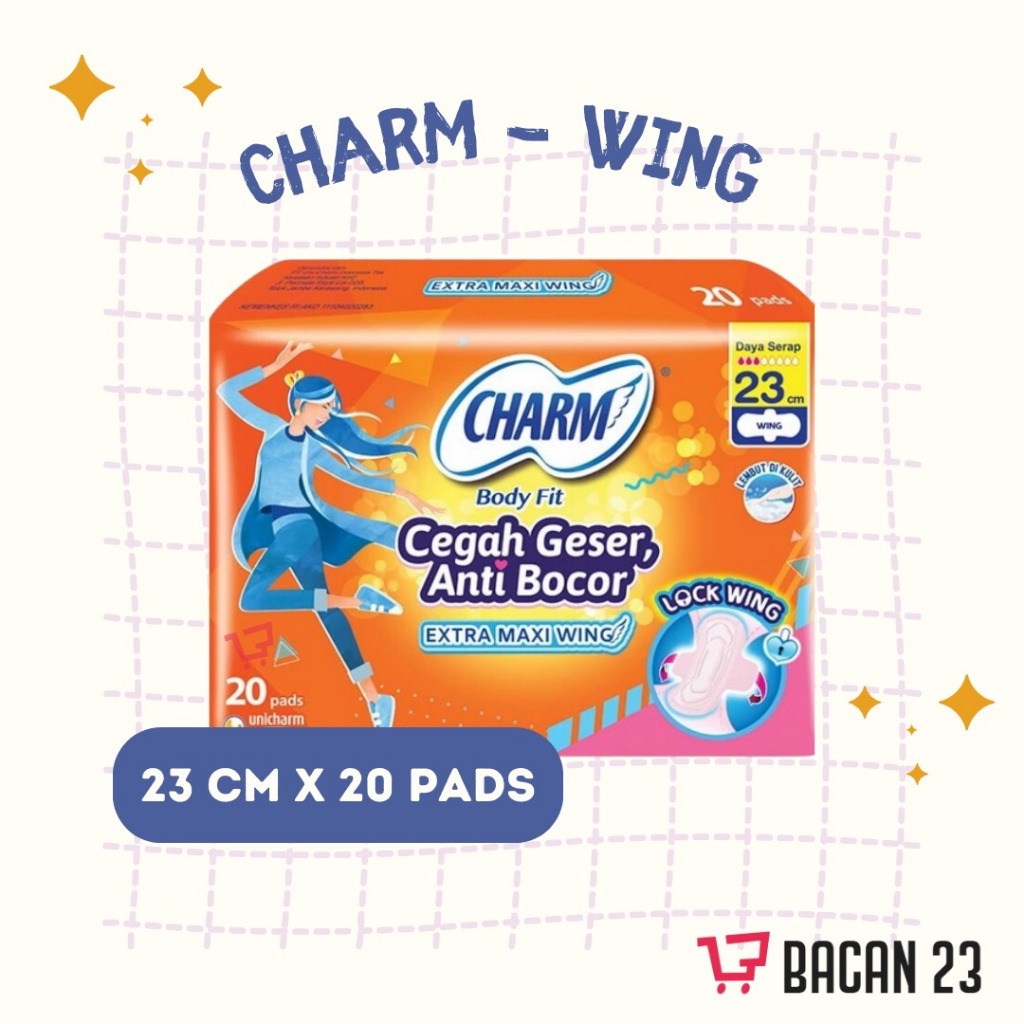 Charm Body Fit Extra Maxi Wings ( 23 cm - 20 Pads ) / Pembalut Sayap - Softex / Bacan 23 - Bacan23