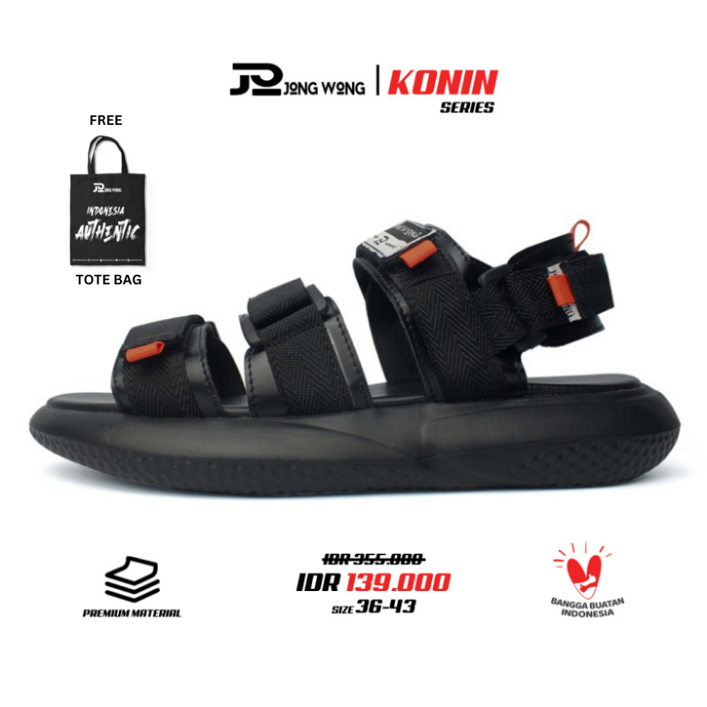 Jong Wong Official - Original Konin Full Black | Sandal Traveling Pria Dan Wanita | Sendal Gunung Sl