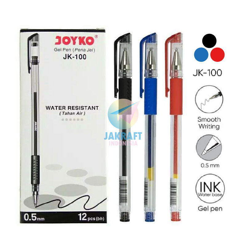 

(12 Pcs) GROSIR Pulpen Gel Pen JOYKO JK-100 King Jeller 0.5 mm Koleksi Warna Lengkap Hitam Black / Biru Blue / Merah Red Anti Macet Water Resistant Tahan Air | PACK