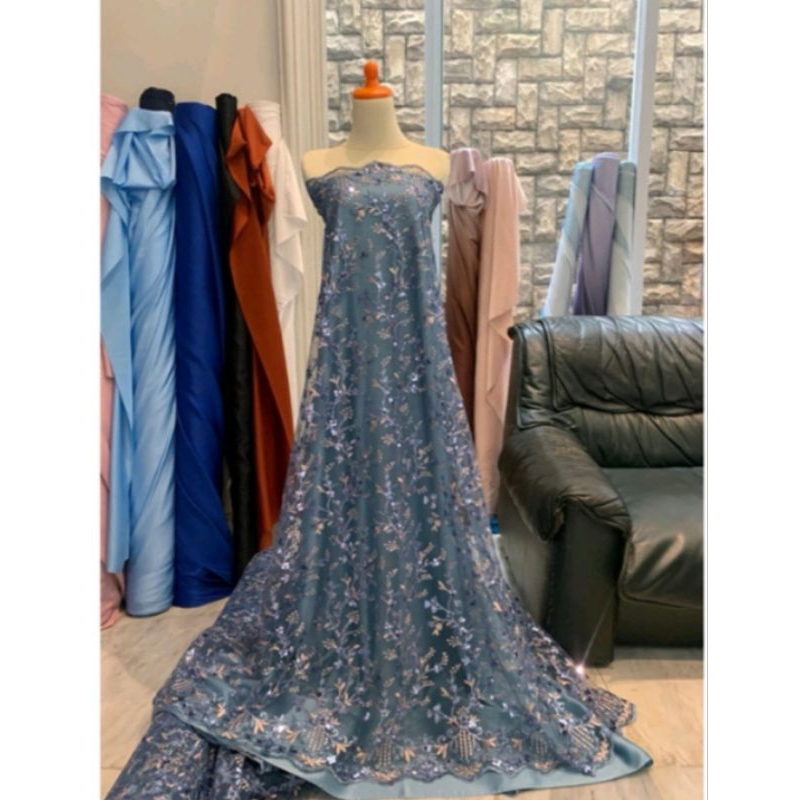 Bahan Kain Tile Jasmine Sequin payet Bunga Bordir Twotone