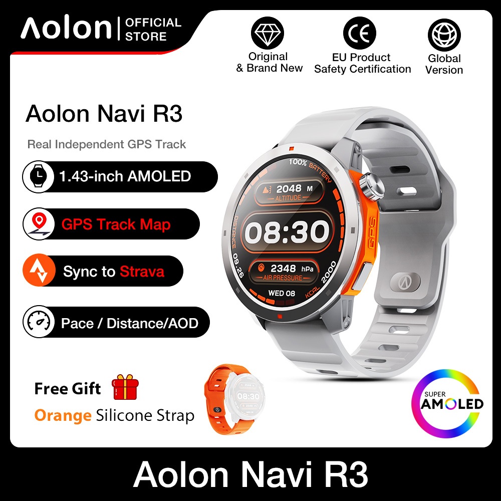 Aolon Navi R3 Jam Tangan Pria GPS Map Pace Amoled AOD Display Smartwatch Altitude Air Pressure Sport Pria-Grey