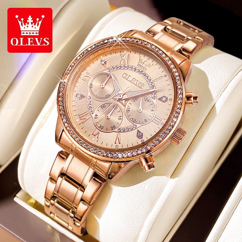 OLEVS Jam Tangan Wanita Anti Air Stainless Steel Original Berlian Rose Gold Luminous Model TY715