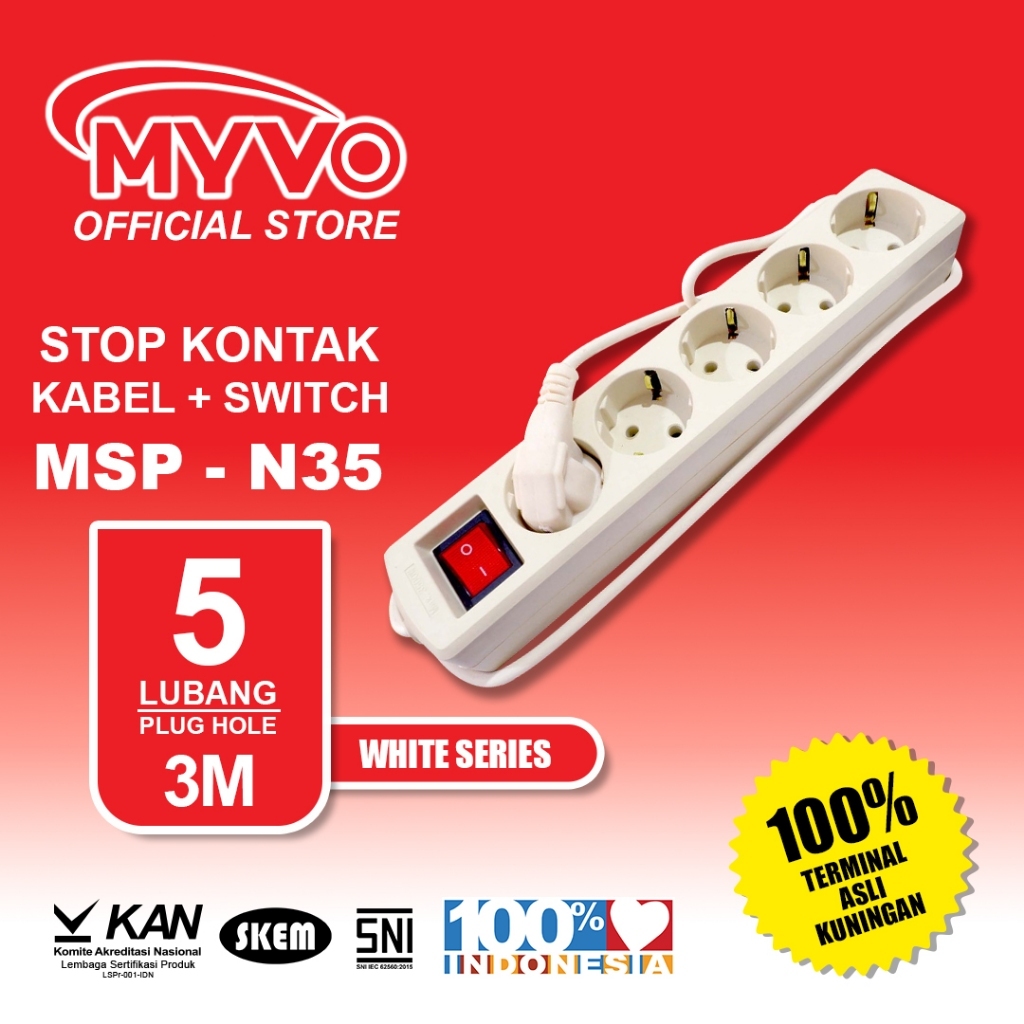 MYVO Stop Kontak 5 Lubang 3 Meter MSP-N35 Putih