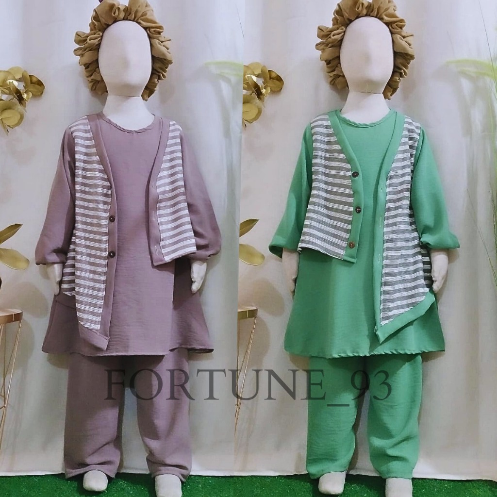 Setelan Tunik Anak Perempuan 3-10 tahun mat crinkle Baju Set Blouse Tunik Anak Kekinian Motif Salur 