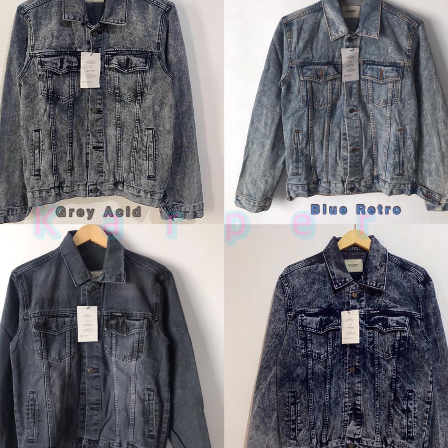 KODE 77 JAKET JEANS PULLBEAR PRIA BLACK GREY SNOW ACID PULLANDBEAR PB PULL  BEAR JACKET DENIM SLIM F