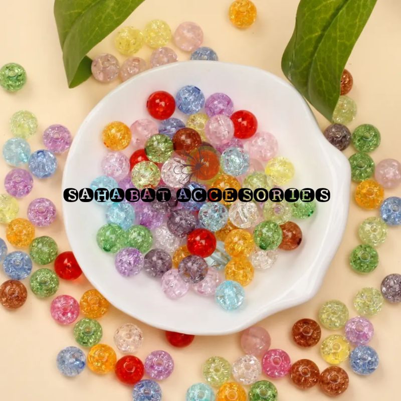 (100Pcs) Manik Mote Es Ice Retak Manik Bola Kaca Retak Acrylic Bead Crackle