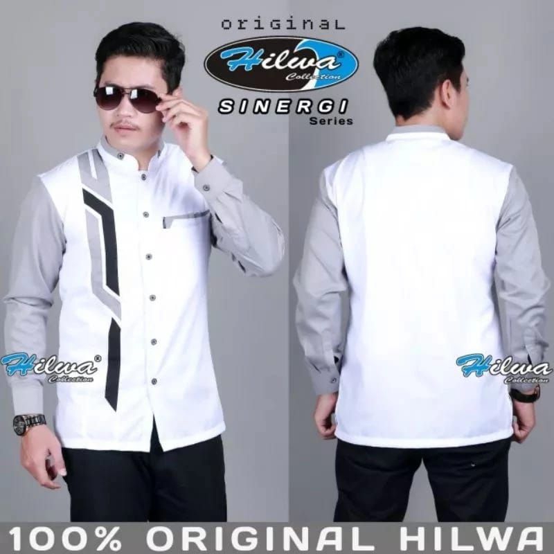 Baju koko pria muslim dewasa warna putih original hilwa collection motif sinergi sragam hadroh kekin