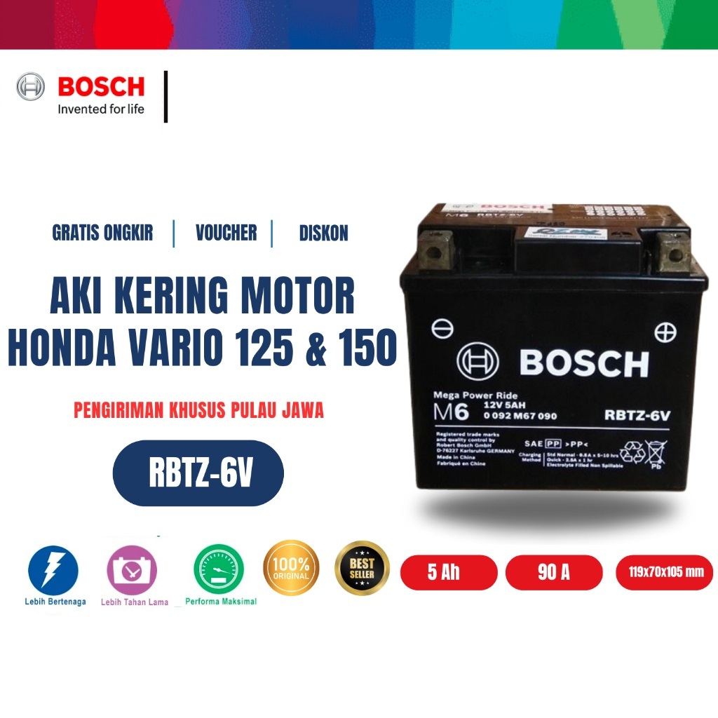 Aki Kering Motor Honda Vario 125 (2012) dan Vario 150 (2015) - Maintenance Free - RBTZ-6V
