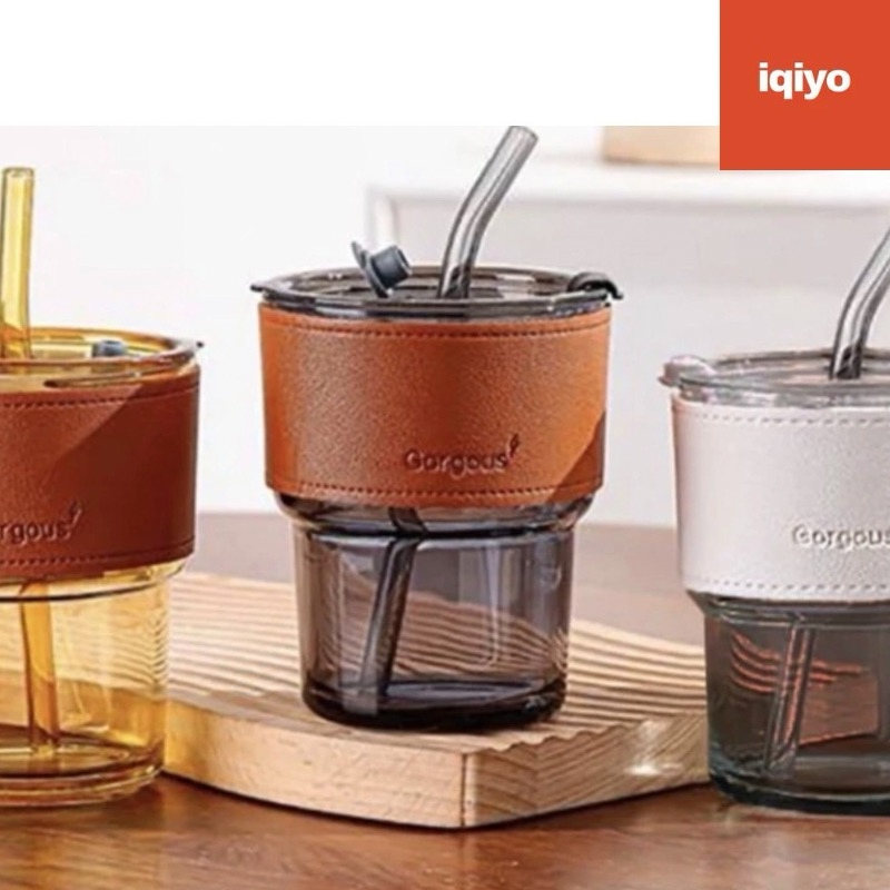 IQIYO Gelas kaca Aesthetic tumbler dengan sedotan