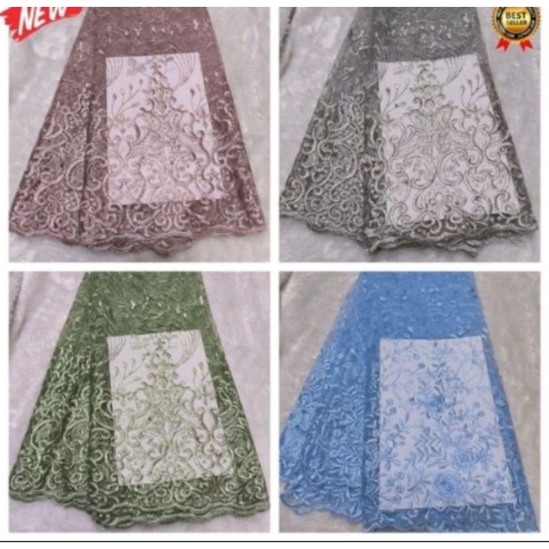 New Tile bella bordir mutiara / Kain Tile meteran/Bahan kebaya Drees/ harga per 0.5 m