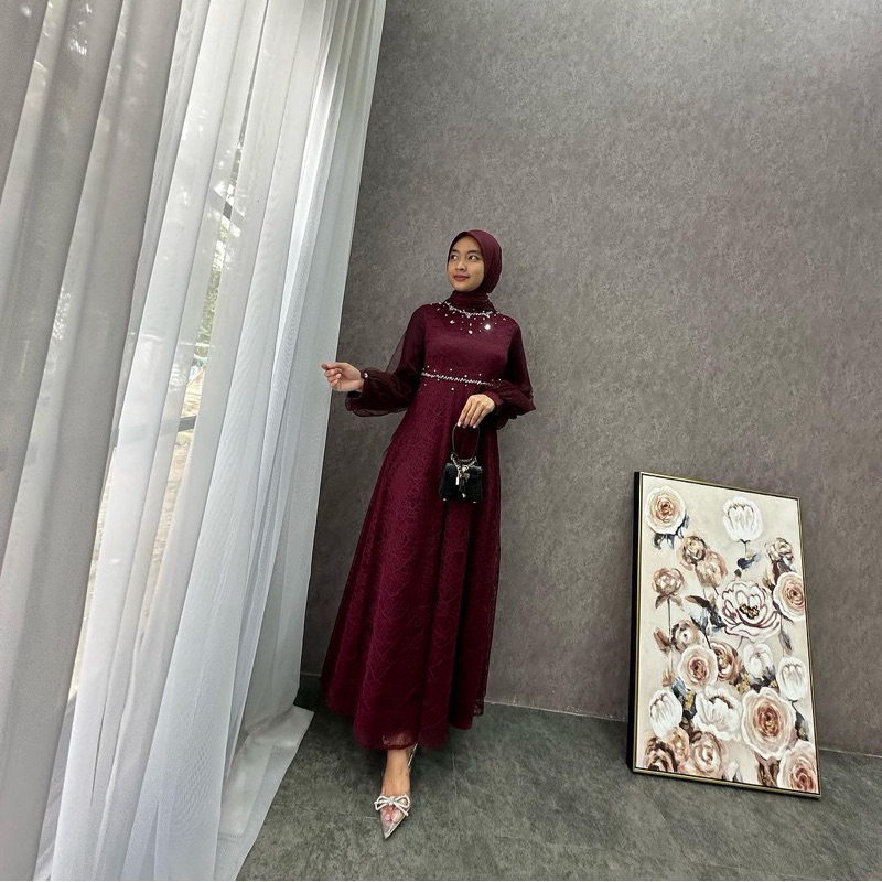 Nadine Dress by Ece Collection Gamis A Line Kerah Bulat Fashion Muslim Elegan Maroon