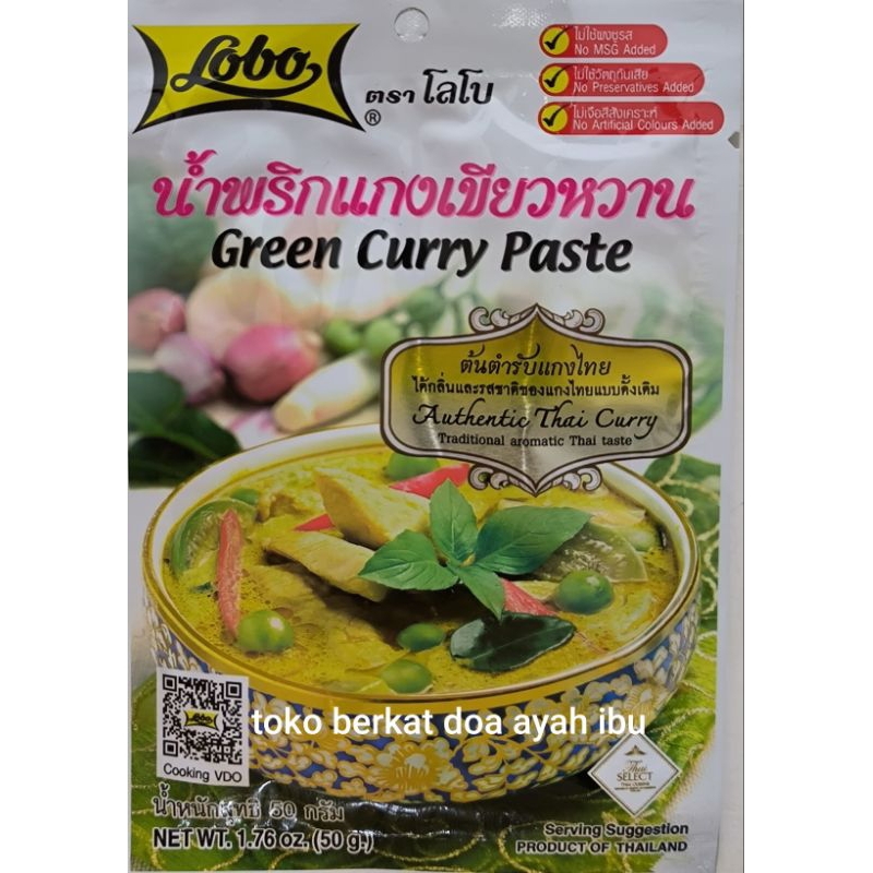 

Lobo Green Curry Paste. bumbu kari produk asli ORI Thailand dengan sertifikasi halal