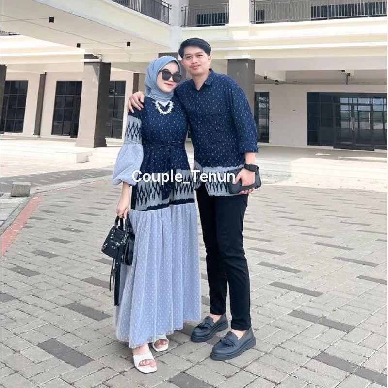 Couple Tenun Niken Dress Abu Navy set baju pasangan pria wanita kondangan prewedding guru kartinian 
