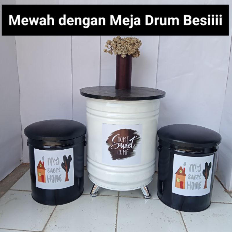 Paket 1 Set Kursi Tong Meja Drum Besi Mewah Kursi Cafe Kursi Teras (2 Bangku + 1 Meja)