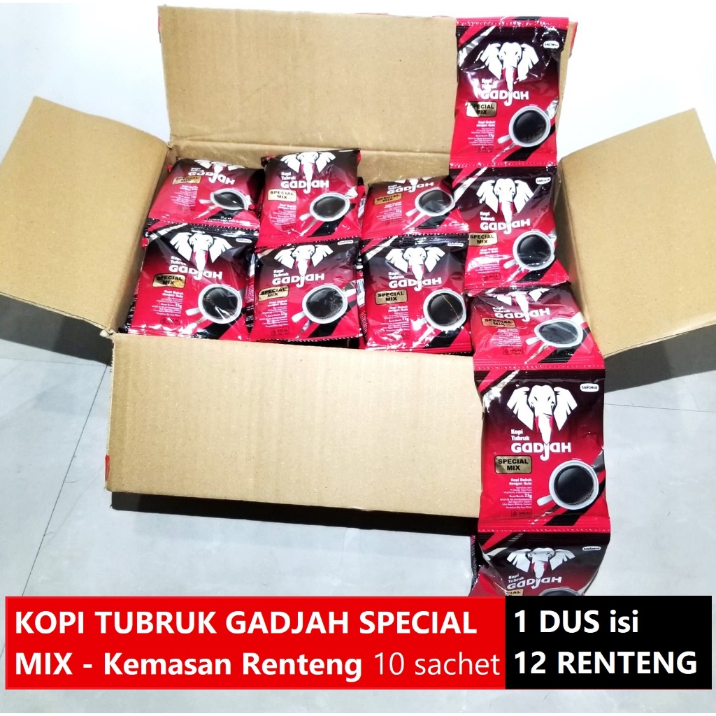 

Kopi Tubruk Gadjah Special Mix + Gula (campur) - 1 DUS isi 12 Renteng x 10 sachet @ 23g