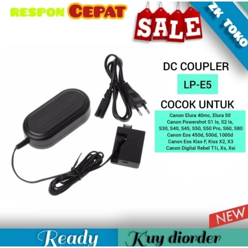 ACK-E5 AC Power Adapter LP-E5 Dummy Battery DR-E5 DC Coupler Kit for Canon EOS Rebel XSi T1i 450D 50