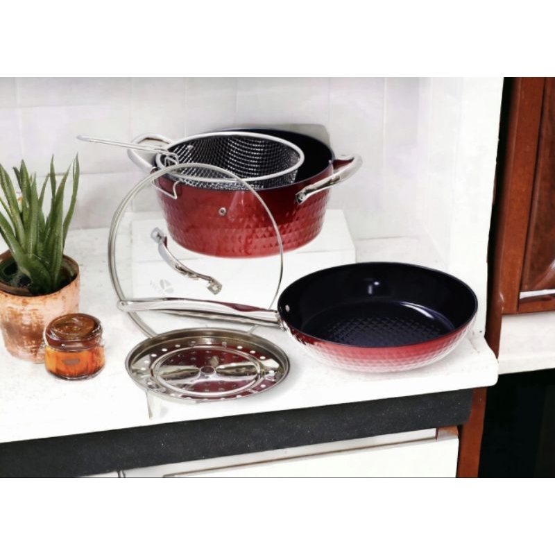 Paket peralatan masak bulat VICENZA V5491 MERAH, Set panci pengukus & penggorengan dengan lapisan an