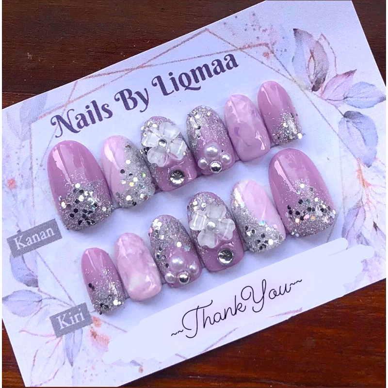 KUKU PALSU LILAC KOMBI BUNGA / KUKU PALSU WEDDING / NAIL ART