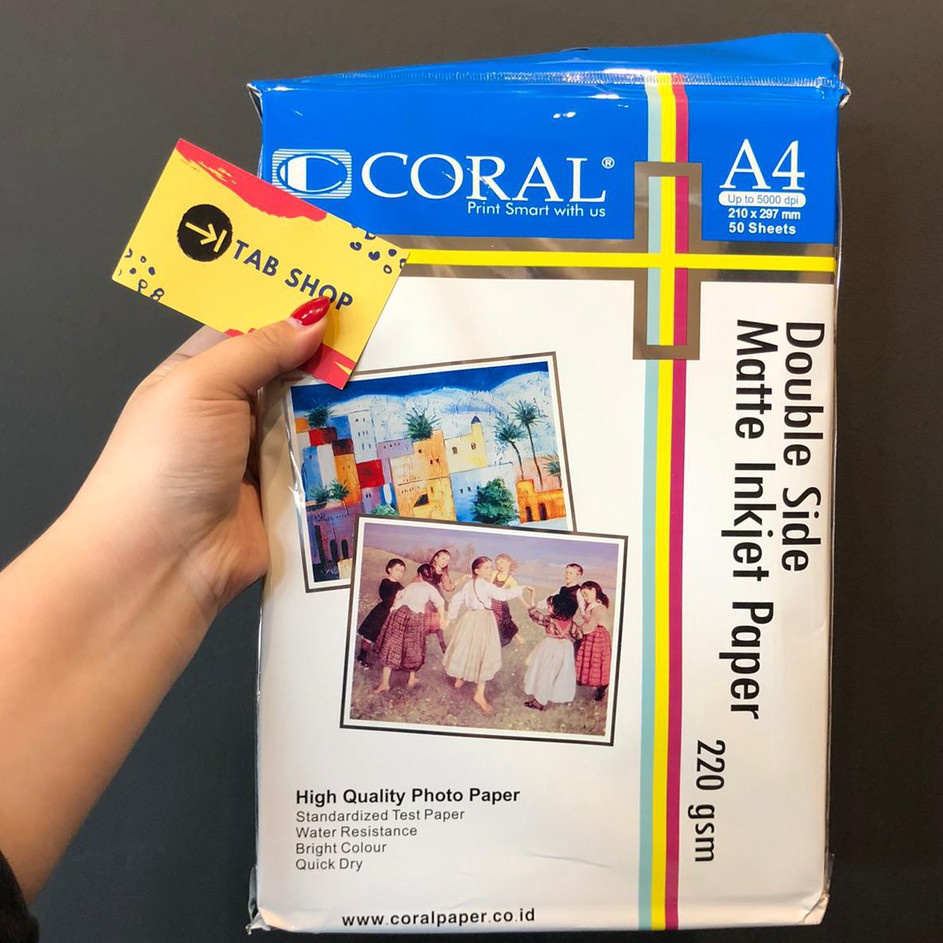 

Ready TAB SHOP CORAL DOUBLE SIDE MATTE INKJET PAPER 22 GSM A4 5 LEMBAR KES DOFF 2 SISI A4 22 GSM