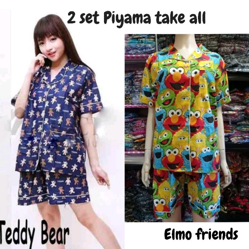 2 set Piyama Baju tidur berkualitas setelan wanita kancing aktif busui friendly [ teddy bear navy / 