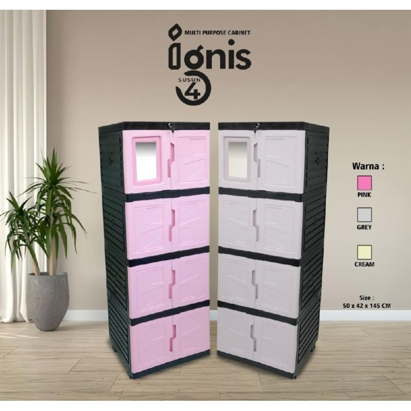 Lemari plastik 4 susun mono kaca,kunci / lemari Ignis / lemari pakaian
