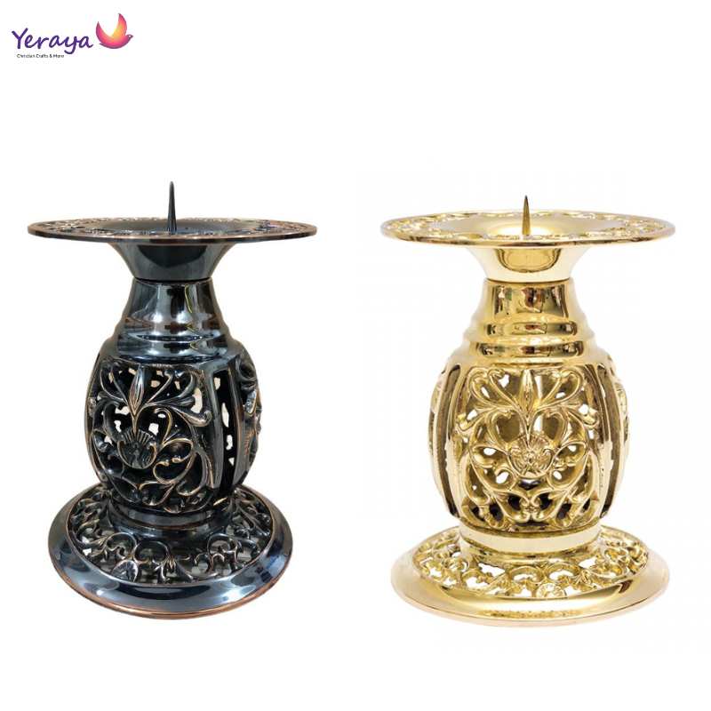 Tempat Lilin Altar Top Quality Fancy Gold + Kotak Tinggi 13cm-Tempat Lilin Kuningan