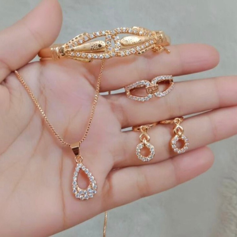 1 set perhiasan emas model permata kotak asli 24k mewah elegan simple terbaru aksesoris wanita
