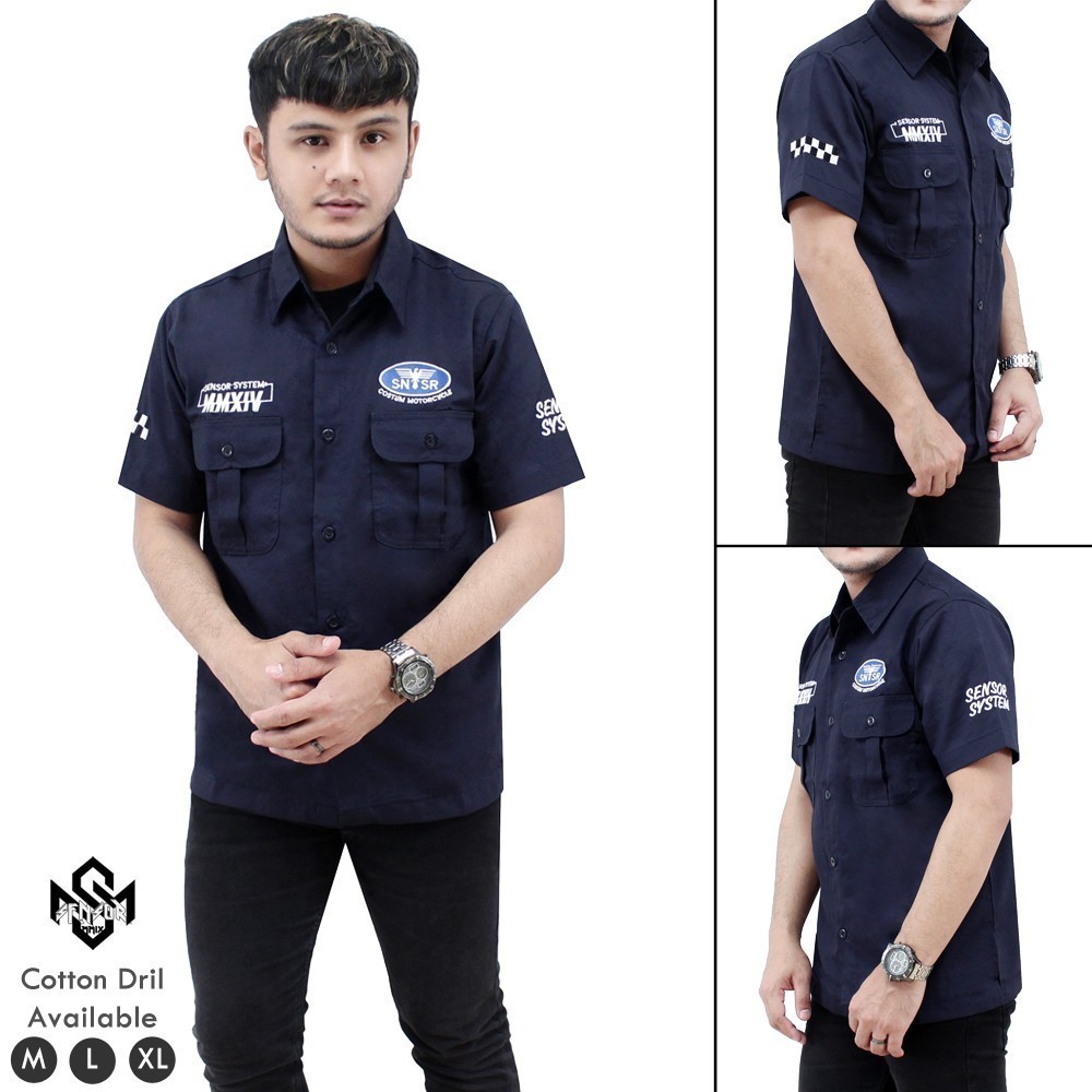 Workshirt Bordir SNSR SYSTEM | Kemeja Motorcycle - Navy