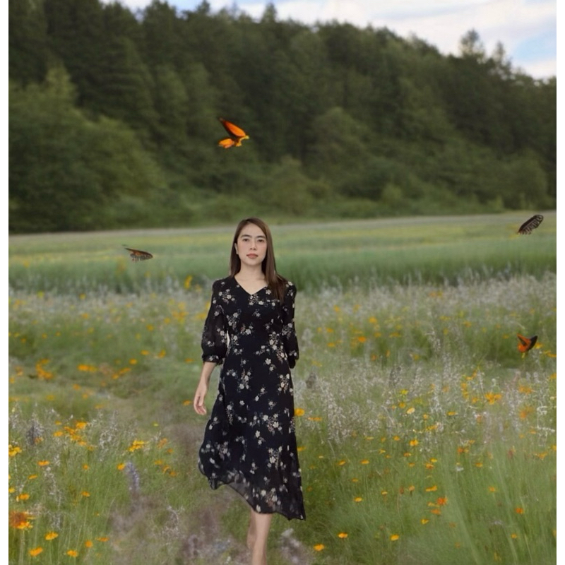 korean summer floral dress korean dress dress import premium V neck long dress