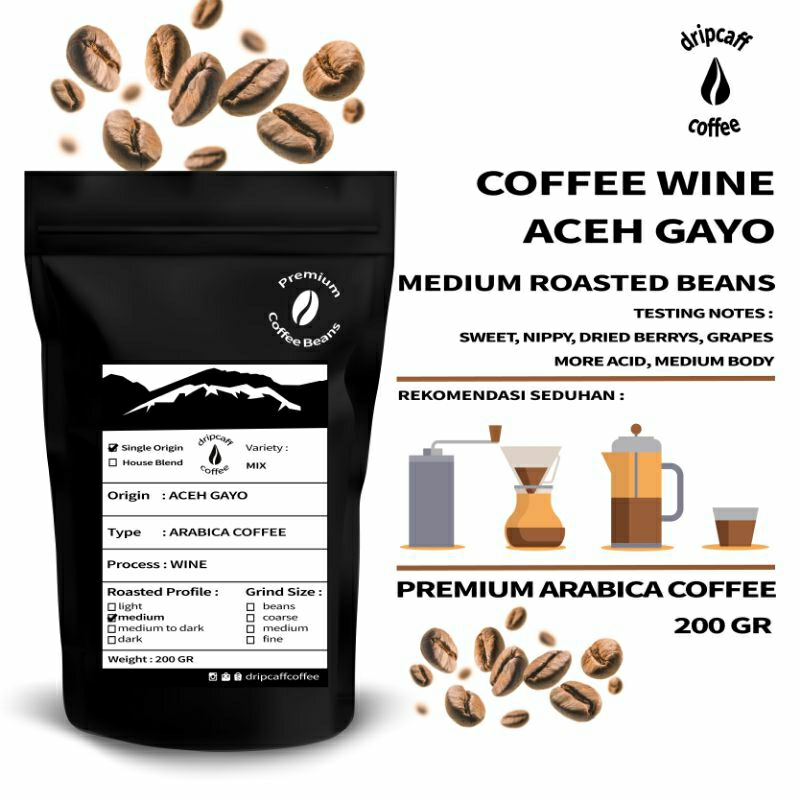 

DRIPCAFF Kopi Arabika Aceh Gayo Wine Proses 200gr Medium Roasted Beans / Ground Halus Single Origin