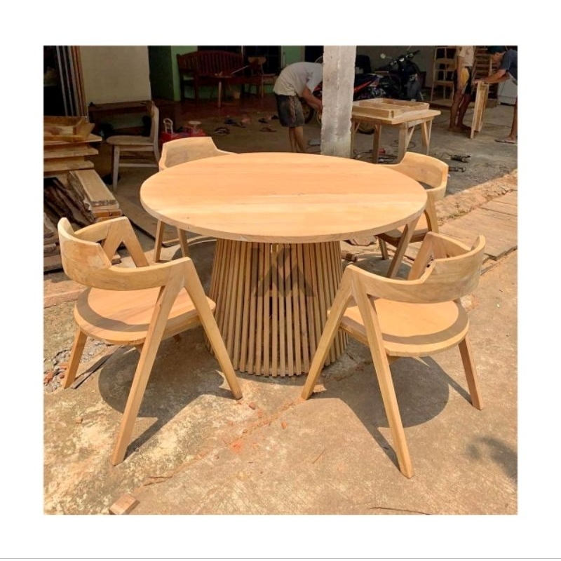 Meja Makan Bulat Diameter 100cm 4 Kursi Kayu Jati