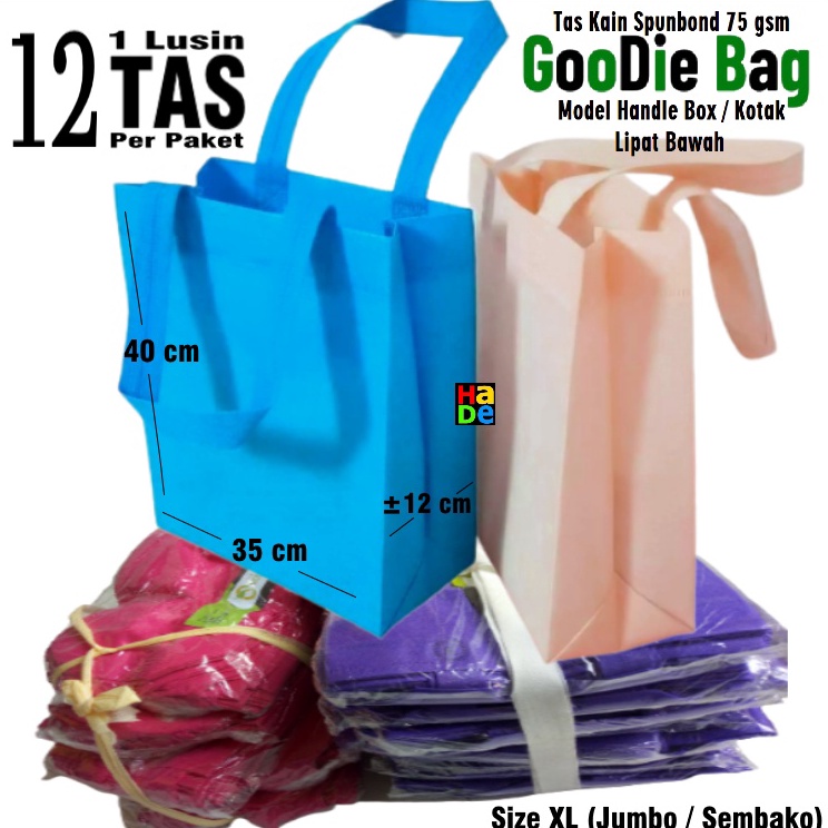

1 Lusinan isi 12 Tas Kain Spunbond Goodie Bag Polos Handle Box Kotak Ukuran Jumbo Besar XL 35x4x12 Kantong Belanja Lipat serbaa Kemasan sembako Bingkisan Souvenir Parcel Hari raya Goodybag Mika Hantaran Hajatan Paparbag Totebag Pakaian