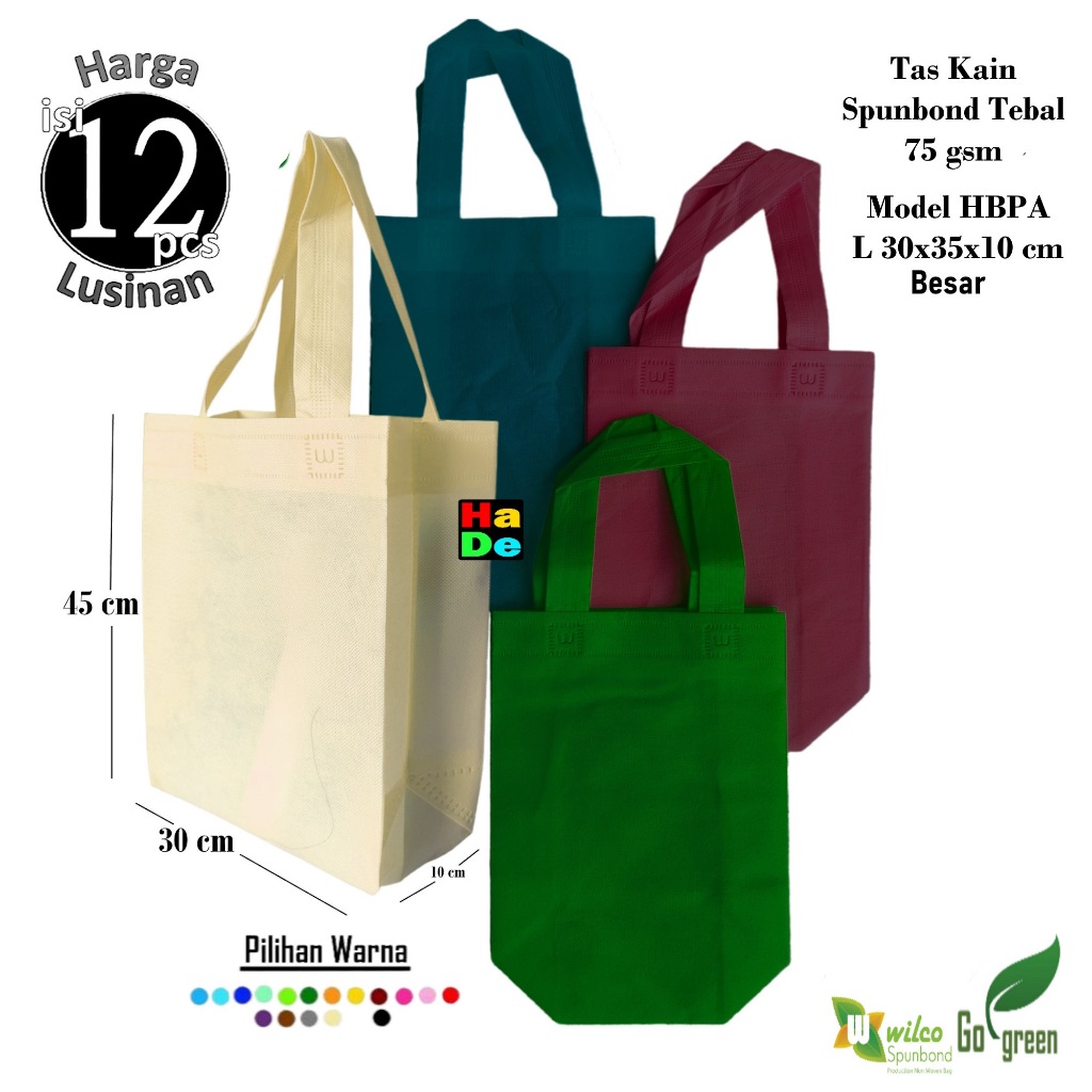 

1 Lusinan isi 12 Tas Kain Spunbond Goodie Bag Polos Handle Box / Kotak Ukuran Besar L= 30x35x10 Kantong Belanja Lipat serbaguna , Kemasan sembako Bingkisan Souvenir Parcel Goody Bag Mika Hantaran Hajatan Haji umroh Paparbag Laundry Totebag Pakaian Hade