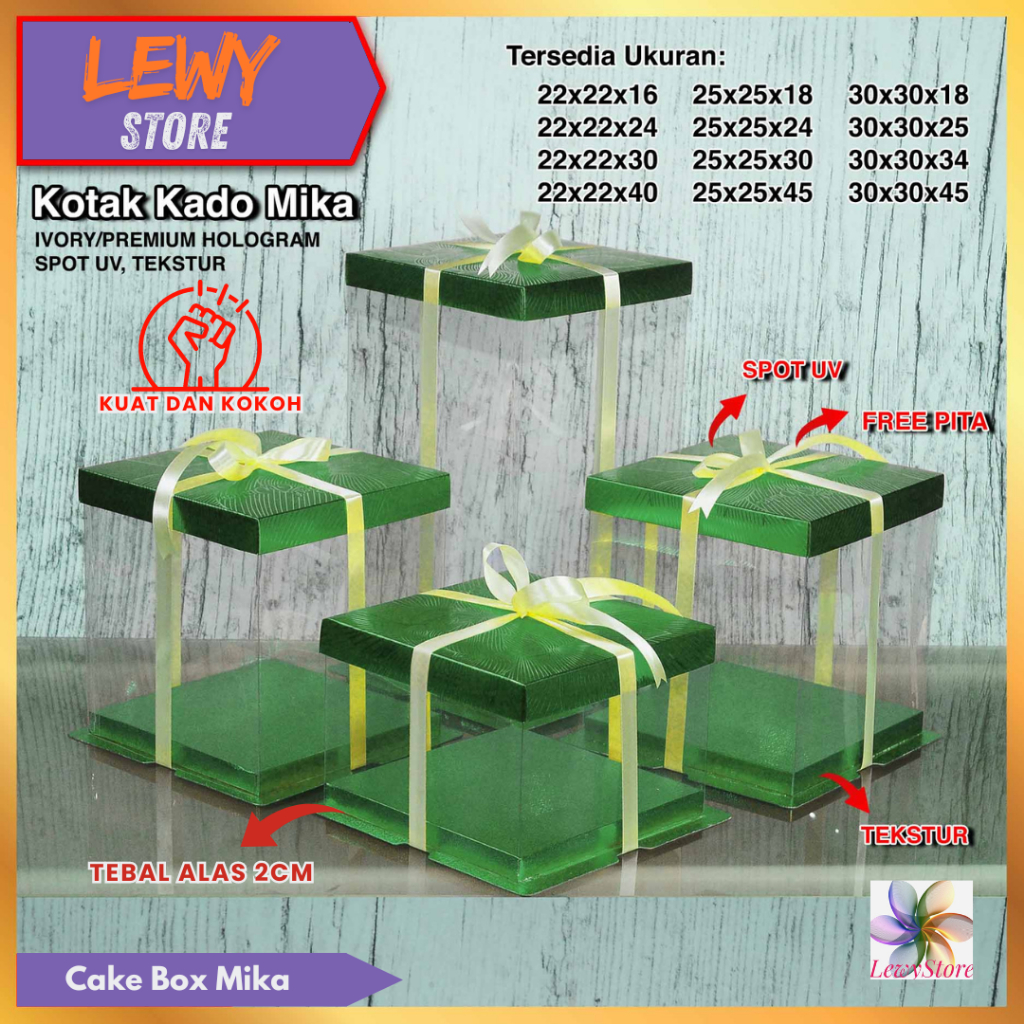 

Cake Box Mika Dus Kue Kotak Kue Transparant 26x26 cm Tutup Hologram bisa untuk 25 cm