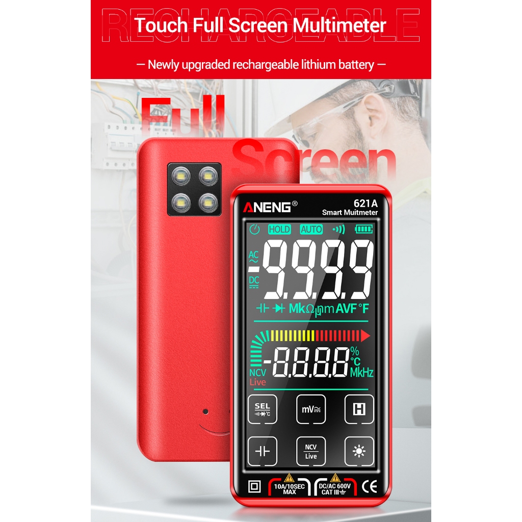 Smart Digital Multimeter Tester Transistor Touch Screen Merah 621A ANENG
