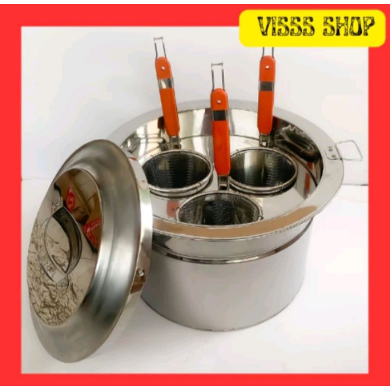 Tong Mie Ayam Stainless Stell Lobang 3 FREE SARINGAN / Panci Dandang Bakso Stenlis Ukuran 35